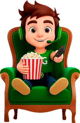 Mascote da NG Telecom na poltrona com pipoca e controle remoto