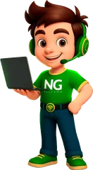 Mascote da NG Telecom com notebook e fone, pronto para atender