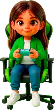 Mascote da NG Telecom, menina na cadeira gamer com controle